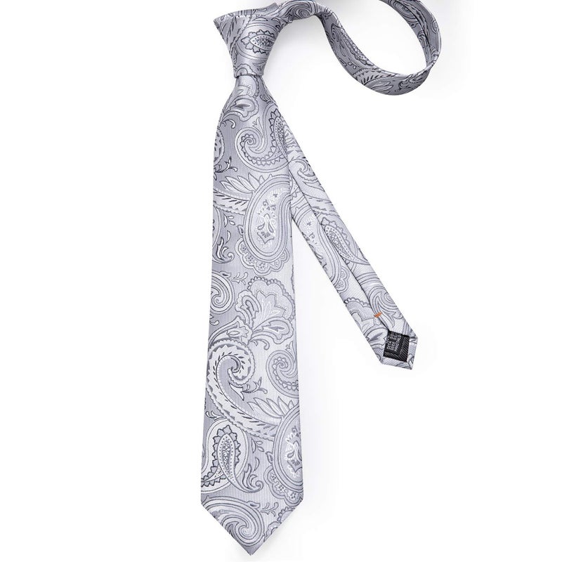 DiBanGu Silk Ties for Men Necktie and Lapel Pin Brooch Set Formal Woven Paisley Plaid Striped Solid Tie Wedding Party, Silver Grey - Image 4